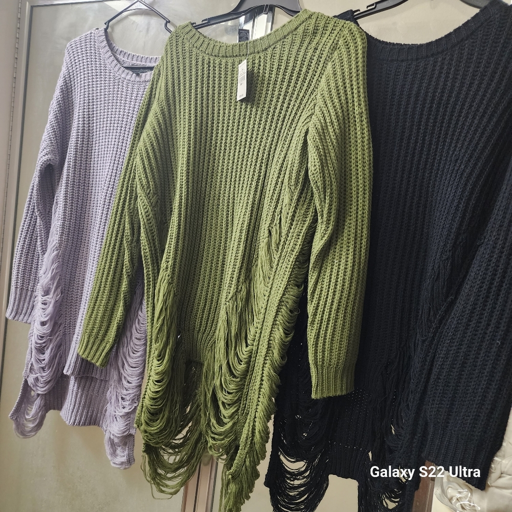 Distressed sweaters the black and green is actually Stewart brand the gray Derek